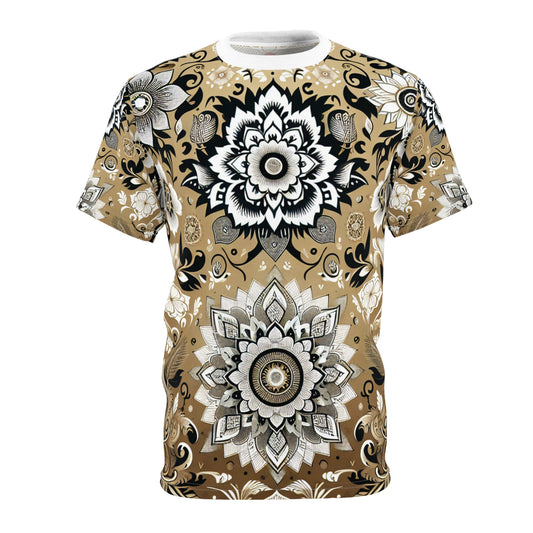 Indian Heritage Elegance: Gold & White Seamless Motif T-Shirt - Modern Minimalist Design with Traditional Floral & Geometric Patterns