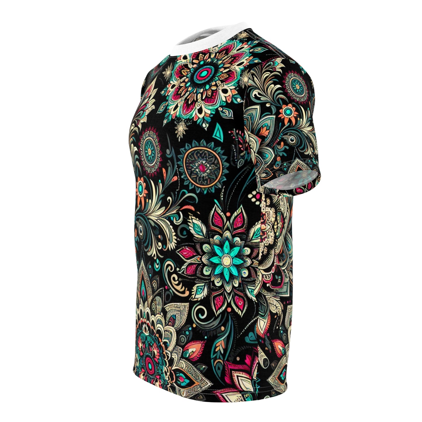 UV Reactive Traditional Indian Motifs T-Shirt - Scattered Radiating Bioluminescent Print on Black Background