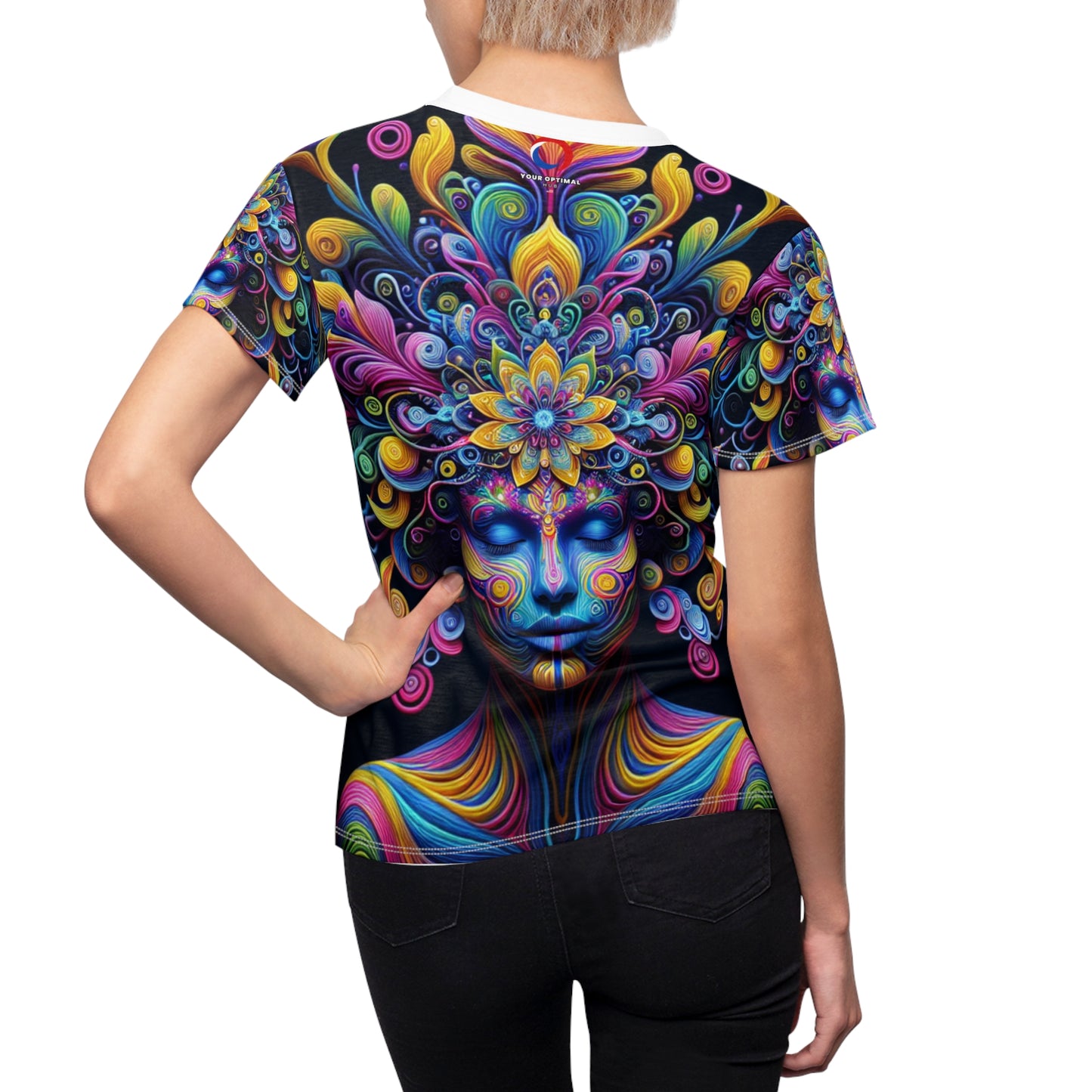 Women's Psychedelic Meditation T-shirt - Vibrant Human Portrait, Abstract Energy Crown, Neon Bloom - Women's Trippy Tee