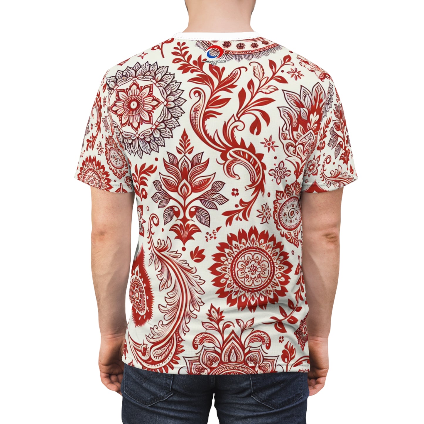 Classic Indian Motifs Scatter Pattern Premium Red-On-White T-Shirt: Seamless Design with Floral-Geometric Shapes - Traditional Indian Motifs Tee