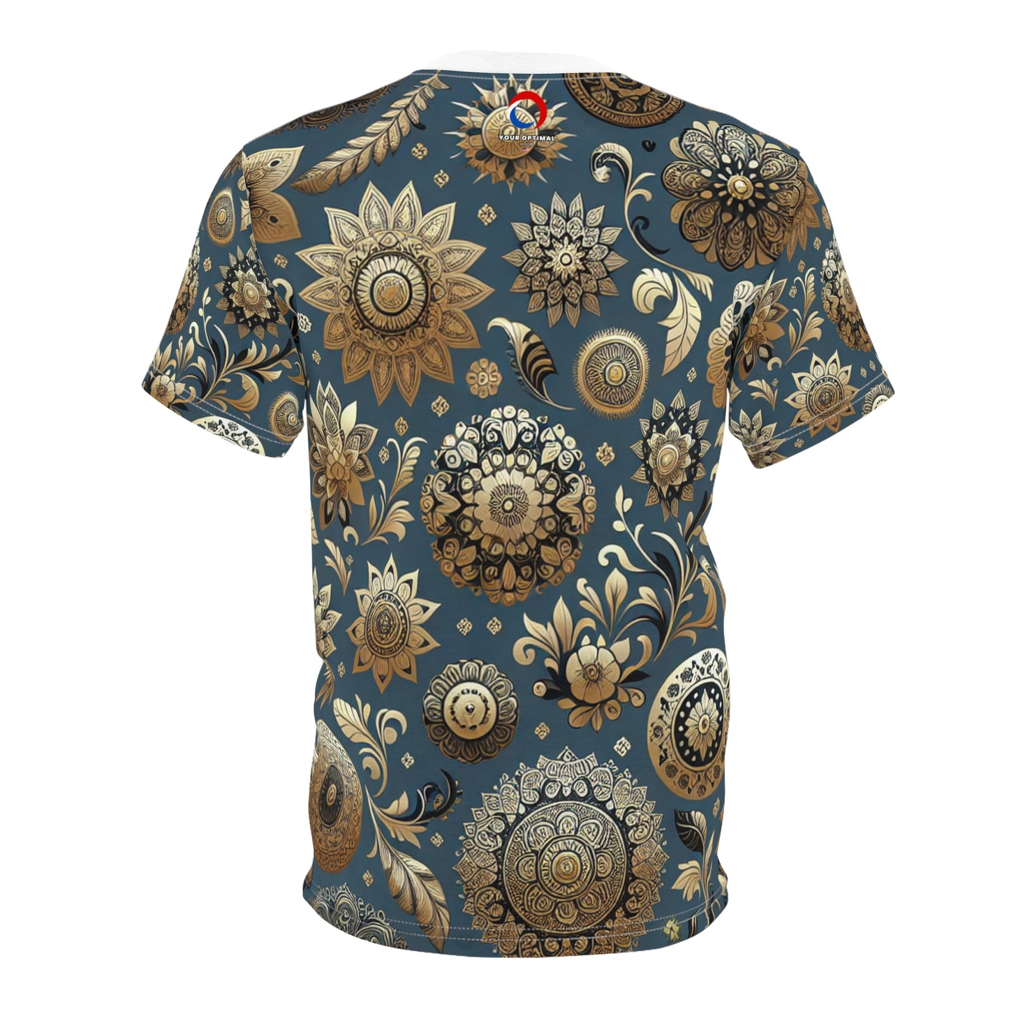 Exquisite Gold-and-Blue Indian Heritage Motif Pattern T-Shirt - Seamless Traditional Design - Rich Floral & Geometric Elements - Modern Minimal Aesthetic - Traditional Indian Motifs Tee