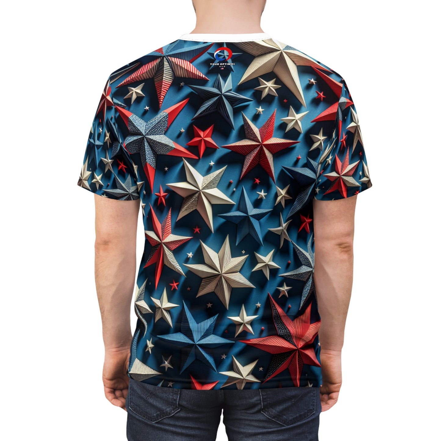 3D Patriotic Starburst T-Shirt - Vibrant Red, White & Blue Star Design on Deep Blue Background - Patriotic Streetwear Tee