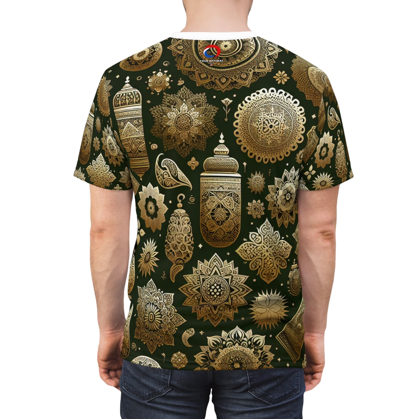 Gold Touch Heritage Tee: Green Traditionally-Inspired Indian Motif Design – Seamless Floral & Geometric Patterned T-shirt - Indian Streetwear