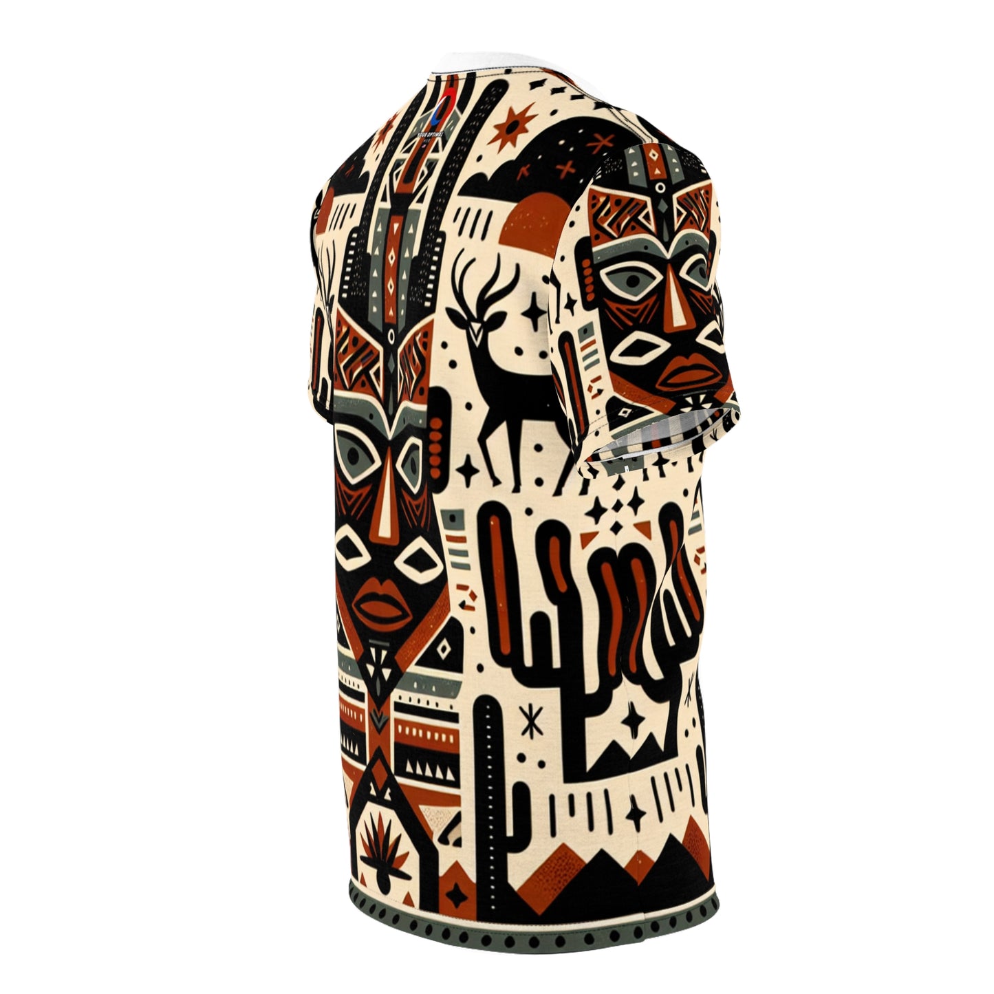 African-Southwestern Fusion T-Shirt: Tribal Totem with Geometric Wildlife in Warm Earthy Tones - African Tribal Pattern-Inspired