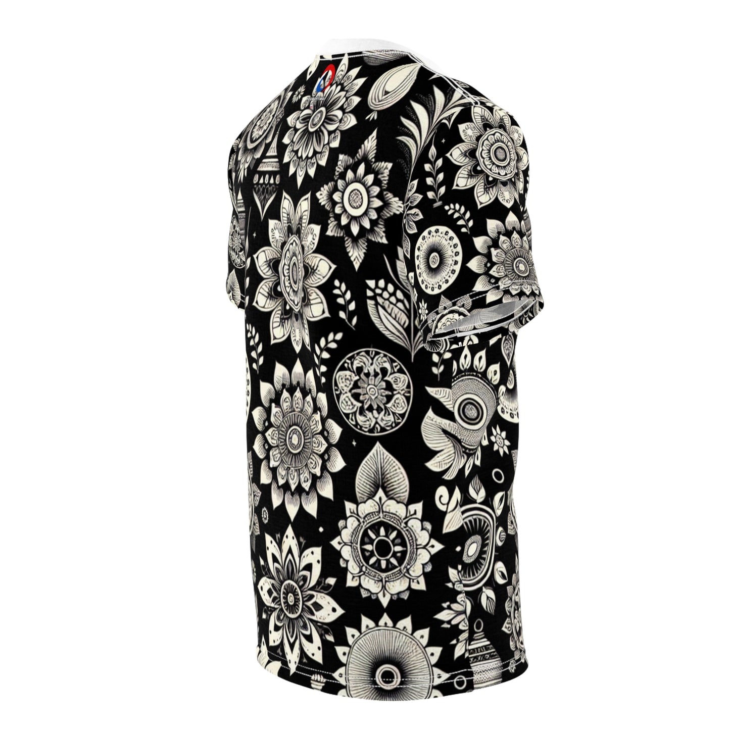 Indian Heritage Motif Collection: Intricate Floral & Geometric Designs on a Monochrome Black & White Seamless Pattern T-Shirt