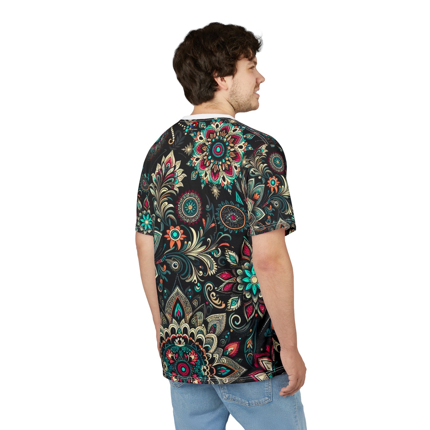 UV Reactive Traditional Indian Motifs T-Shirt - Scattered Radiating Bioluminescent Print on Black Background