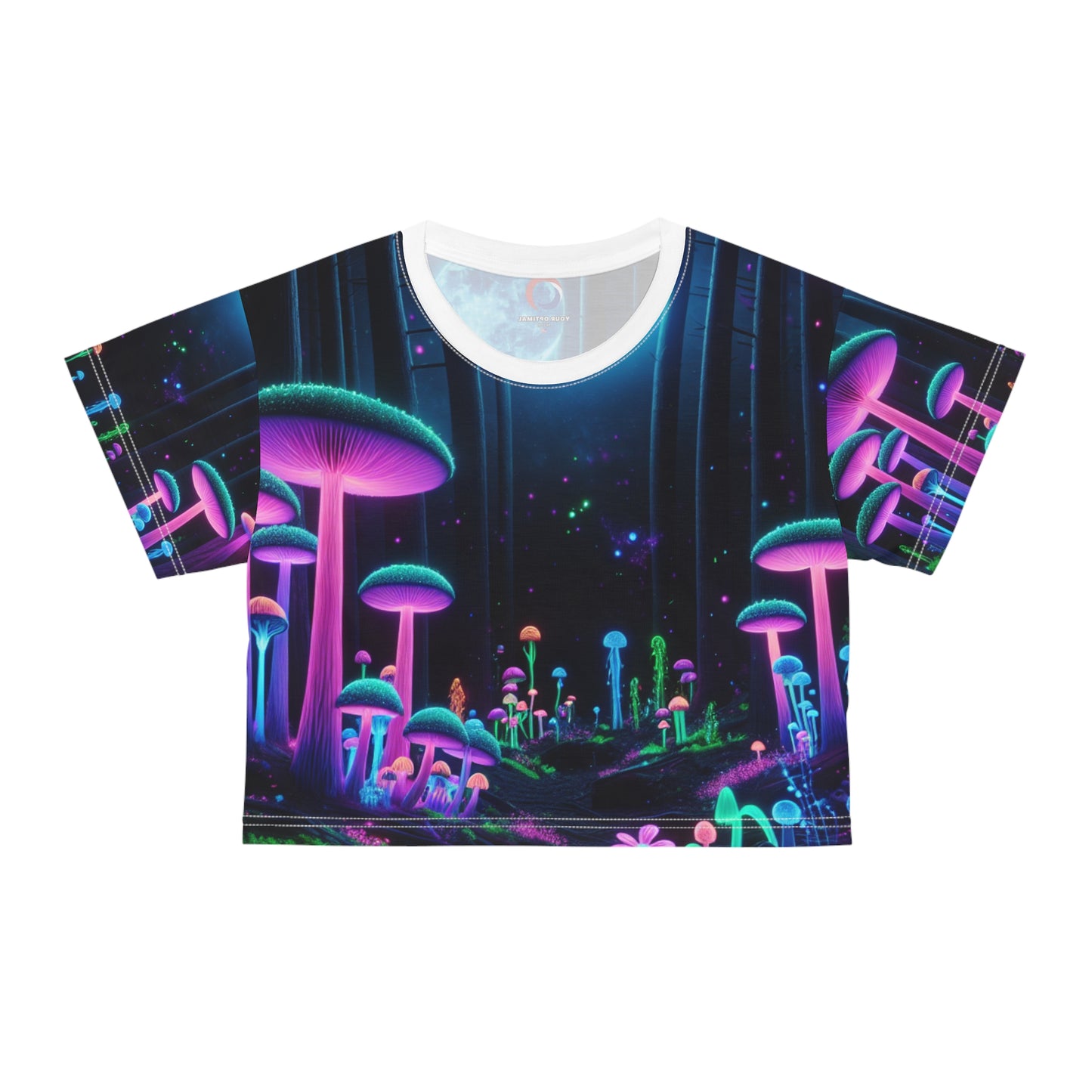 Ethereal Moonlight Enchantment: Blacklight Crop Tee, Neon Mushroom Forest & Luminous Fireflies - Women's Blacklight Tee