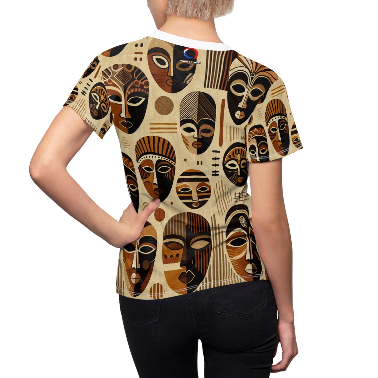 Elegant African Heritage Women's T-Shirt - Sophisticated Monochrome Mask Tapestry with Vivid Orange Accents - African Tribal Pattern-Inspired