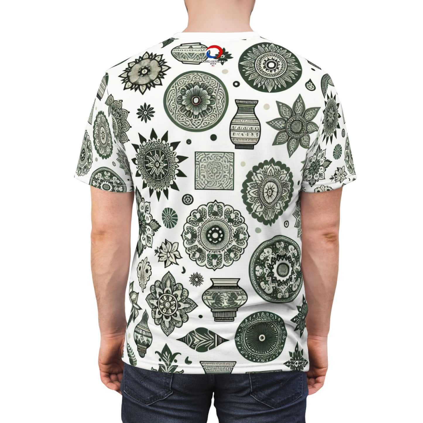 Green Floral-Geometric Indian Motifs: Traditional Seamless Design T-Shirt - Classic Aesthetics, Modern Design - Traditional Indian Motifs Tee