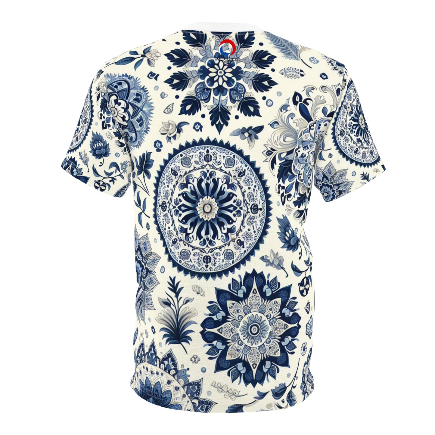 Classic Indian Motif Patterned T-Shirt: Seamless Traditional Design, Intricate Floral & Geometric Shapes in Blue-White Palette - Traditional Indian Motifs Tee