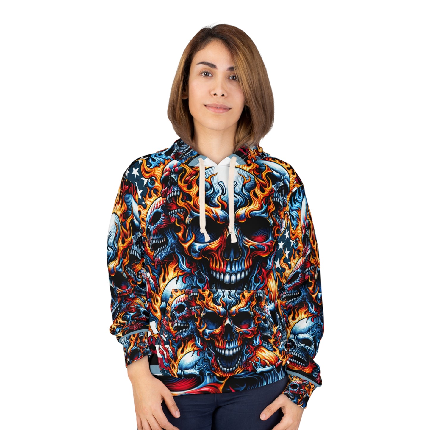 Patriotic Skull Hoodie Densely Packed Flaming Skulls with Bold Stars and Stripes - Patriotic Streetwear