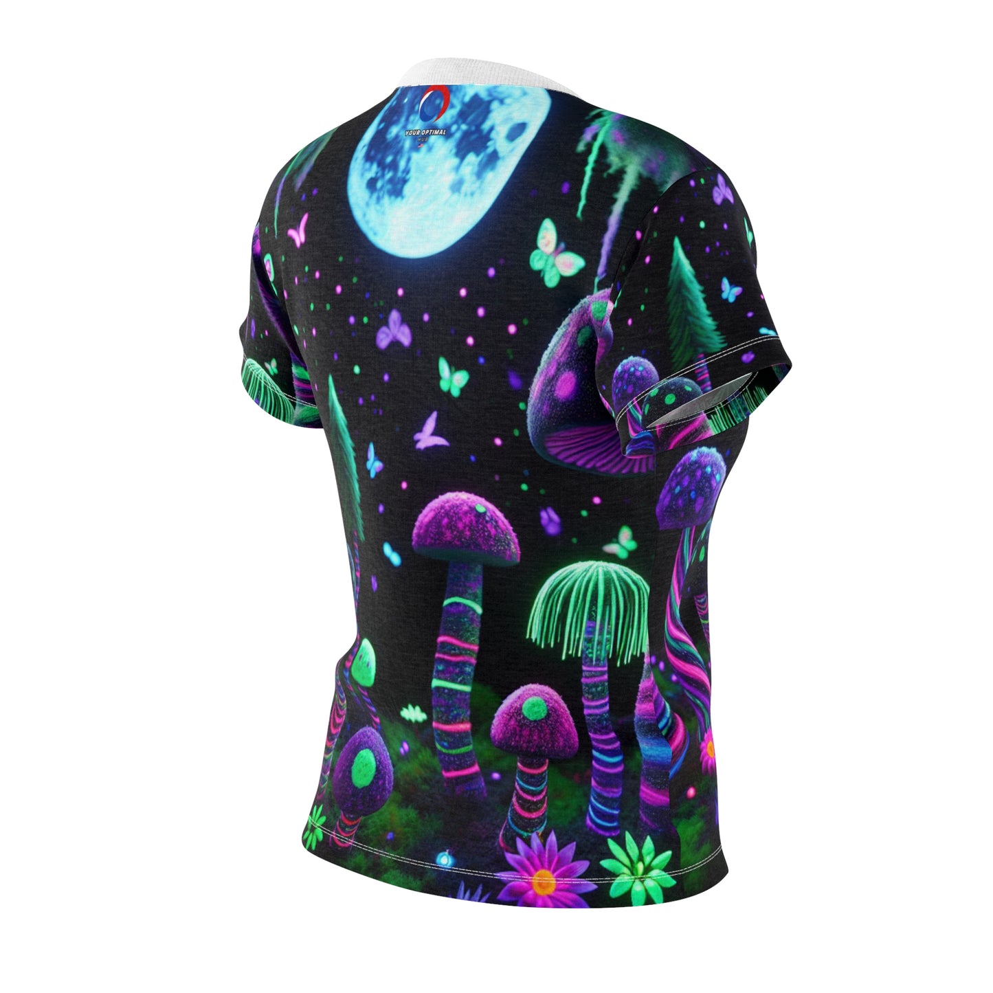 Fantastical Moonlit Forest T-Shirt - Blacklight Reactive - Neon Mushrooms, Glowing Flora, & Enchanted Fireflies - Women's Blacklight Tee