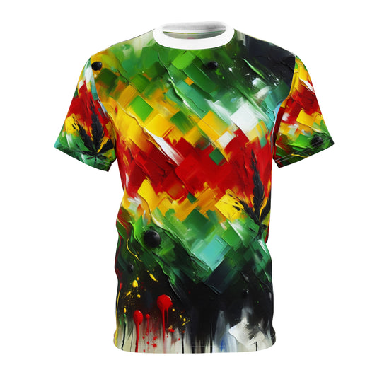 Rasta Splatter Painted T-shirt: Vibrant Abstract Art Unifying African Identity & Spirituality - Rastafarian Abstract Art-Inspired Tee