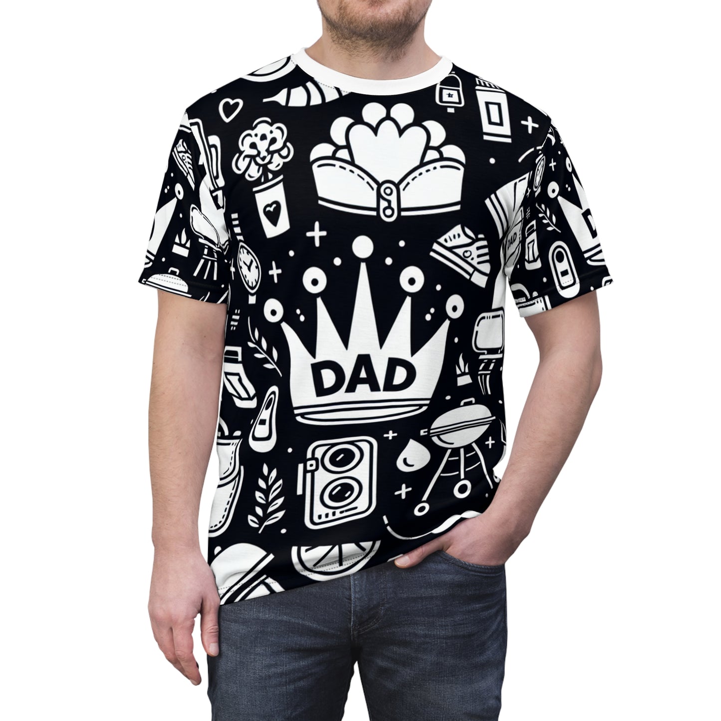 King of the Family Dad T-Shirt - Monochrome Line Art with Crown, Camera, BBQ Grill-master - Father's Day Minimalist Tee