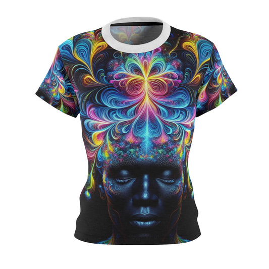 Psychedelic Serenity: Women's Neon Meditation Tee with Vibrant Energy Crown & Surreal Floral Motifs - Women's Trippy Tee