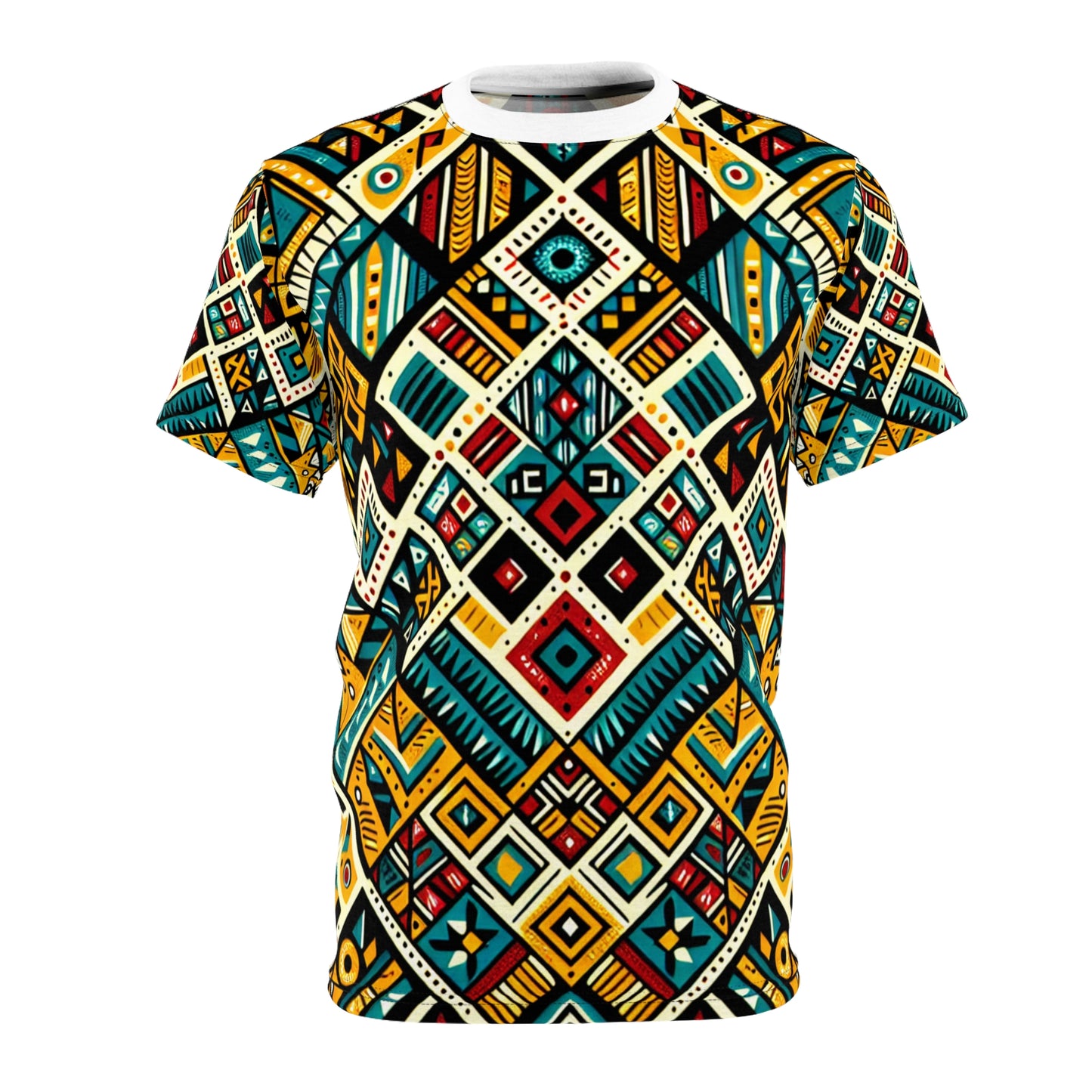 Vibrant African Tribal Diamond Grid T-shirt – Bold Primary Colors Storytelling Artwork - African Tribal Pattern-Inspired Tee