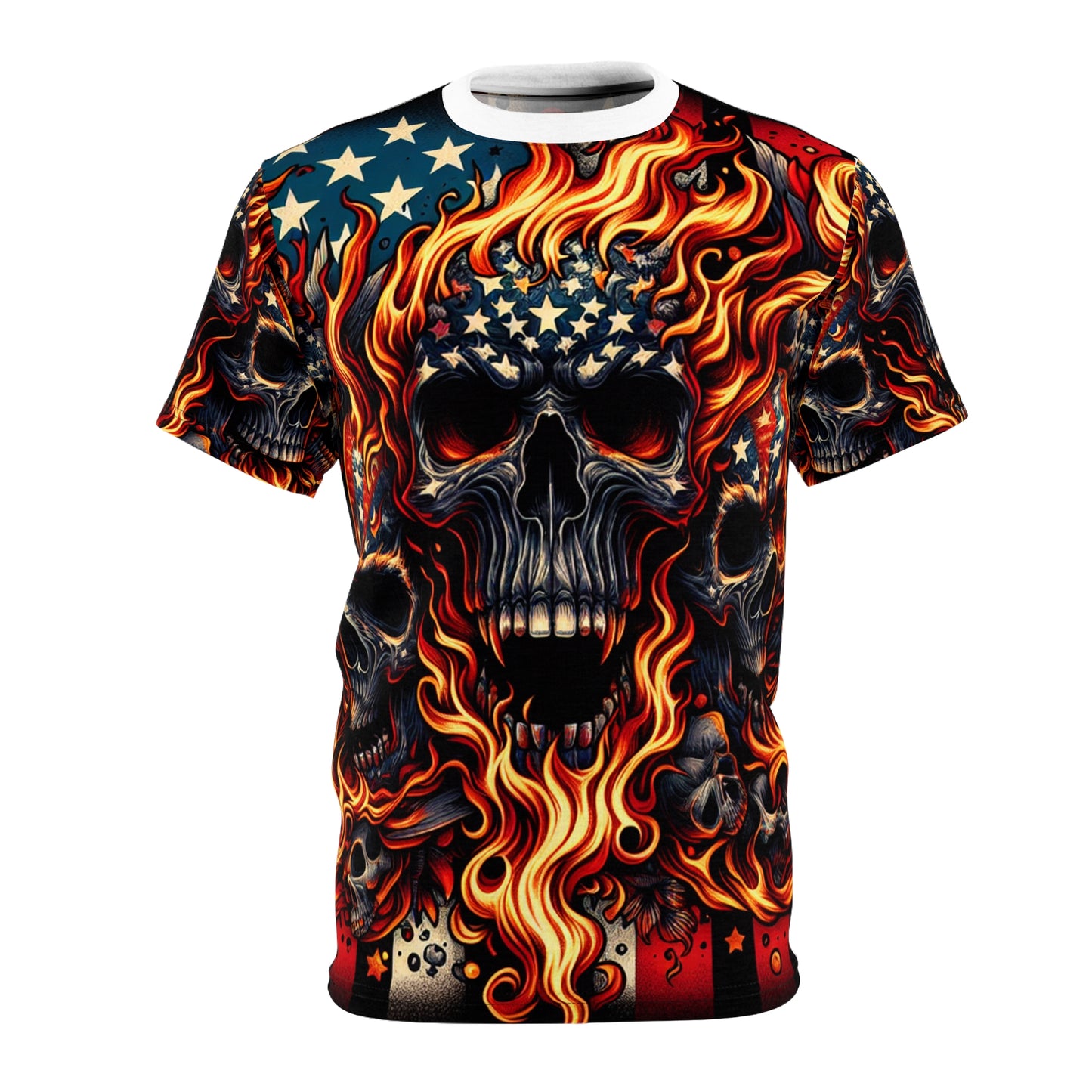 Fiery Patriotic Inferno: Skulls Unleashed in Bold American Glory T-shirt - Patriotic Streetwear Tee