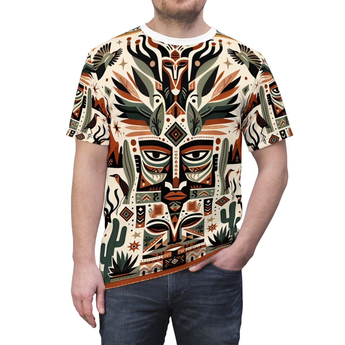 African & Southwestern Fusion Totem T-shirt - Earthy Artistic Abstract Symmetrical Design - African Tribal Pattern-Inspired Tee