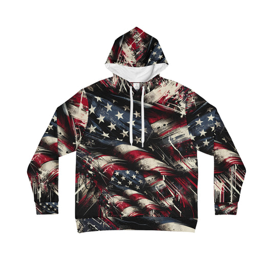 Intense Urban Patriotism: Grunge Streetwear Hoodie with Distressed Graffiti American Flag Artwork, Raw Energy Street Fashion