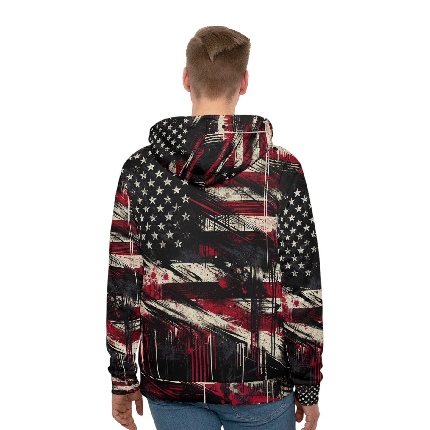 Grunge Glory USA Flag Hoodie - Edgy Streetwear Style, Patriotic Distressed Street Art Design, Urban Graffiti Splattered American Flag