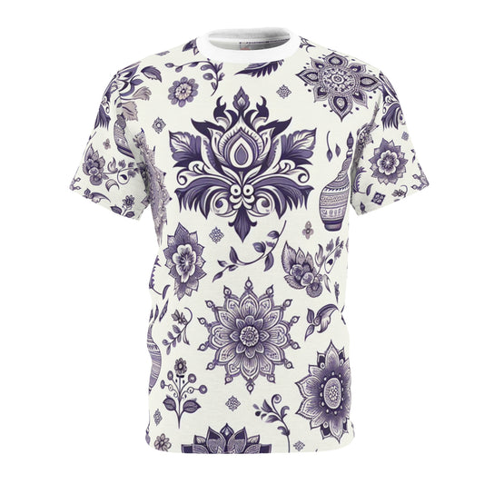 Purple and White Traditional Indian Motif Patterned Seamless T-shirt - Intricate Floral and Geometric Modern Design - Indian Streetwear