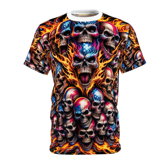 Patriotic Inferno: Skull Blaze Artistry Tee - Patriotic Streetwear Tee