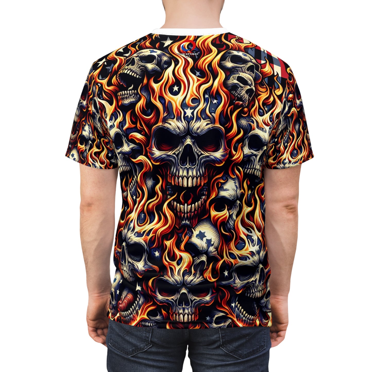 Fiery Patriotic Inferno: Skull-Drenched Tattoo-Style T-Shirt - Dynamic Design Tee