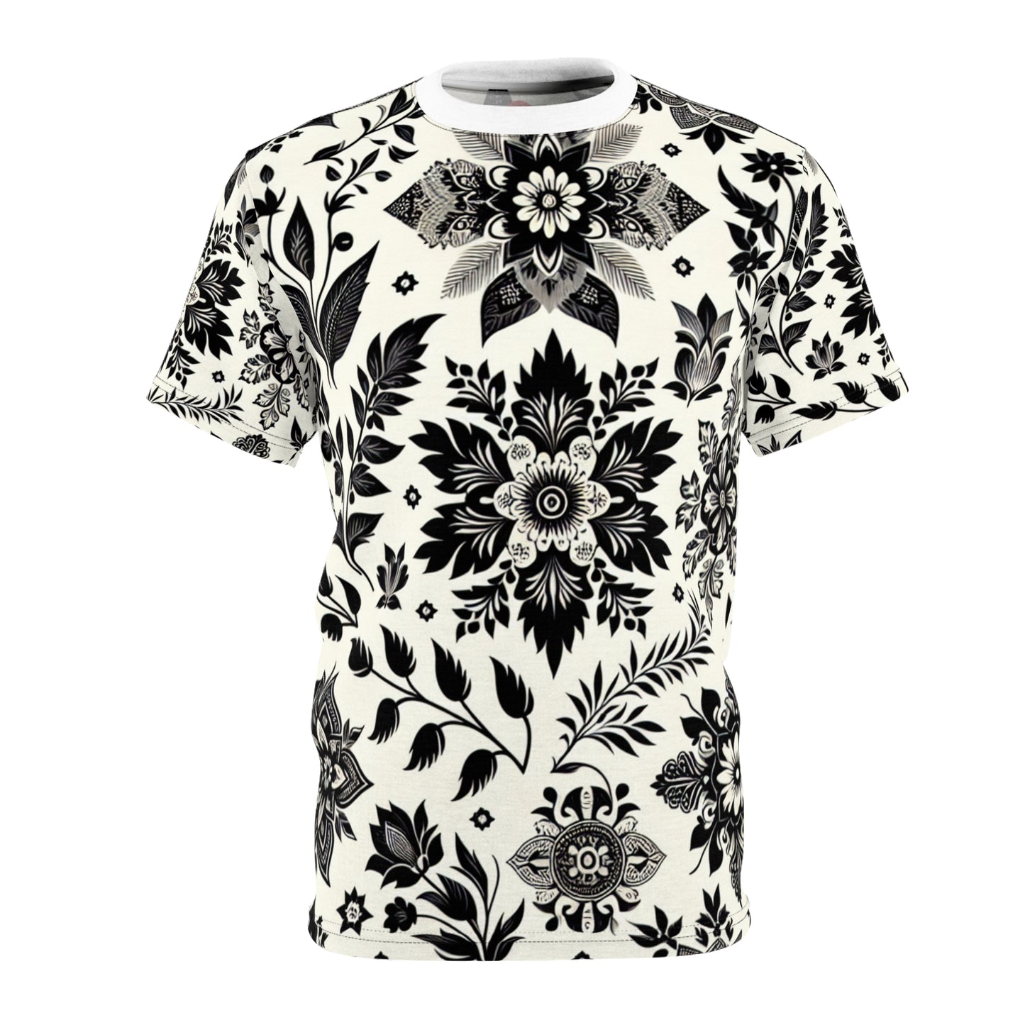 Classic Indian Heritage-Inspired Seamless Motif T-Shirt - Intricately Designed Black & White Pattern - Traditional Indian Motifs Tee