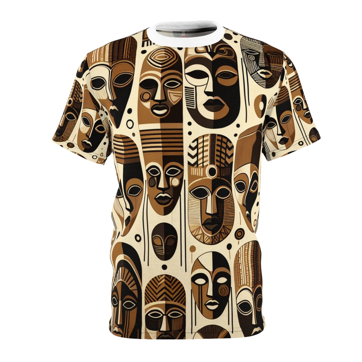 African Heritage Tapestry T-shirt: Monochrome Mask Design with Vivid Orange Details - African Tribal Pattern-Inspired Tee