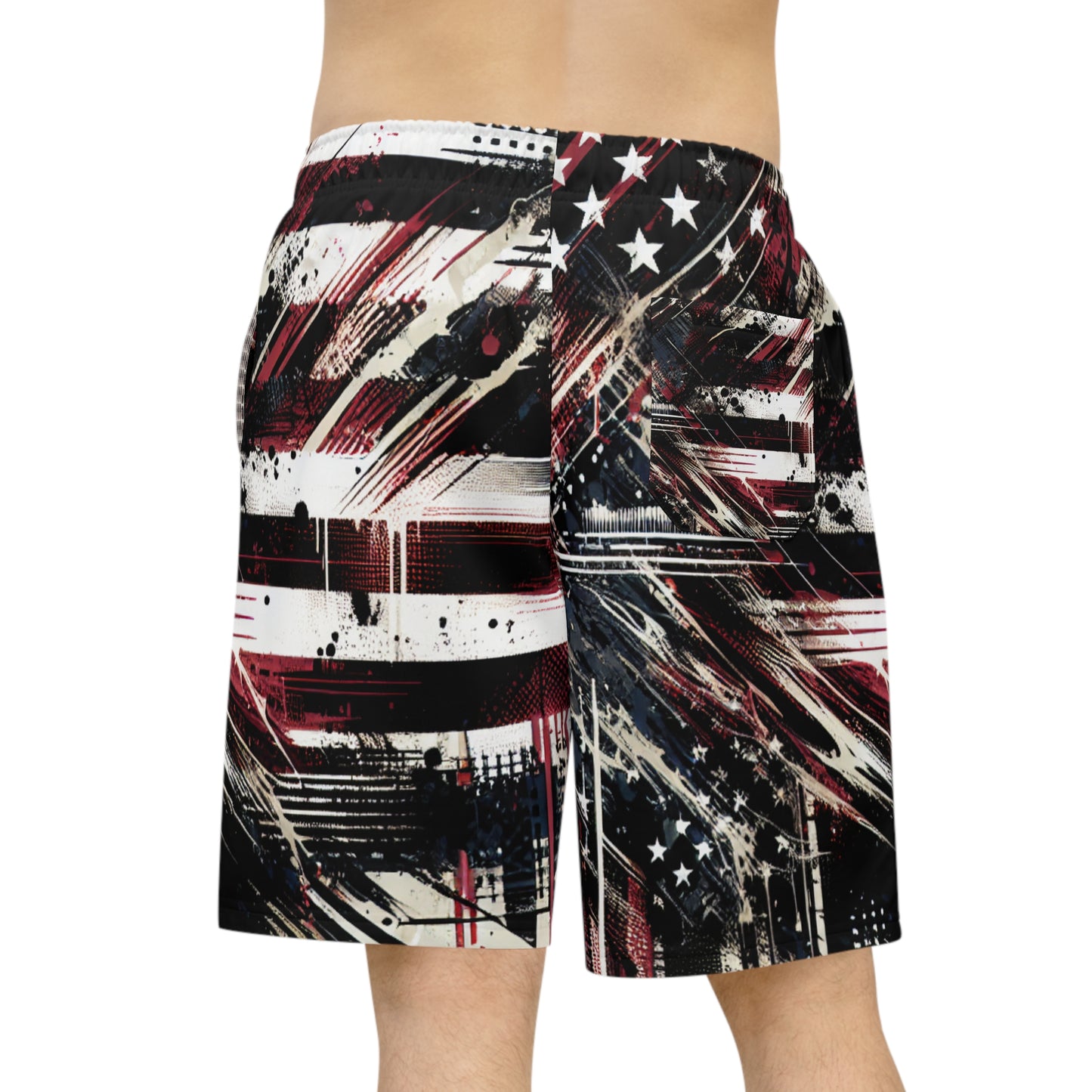 Grunge-style Patriotic Streetwear Shorts: Distressed American Flag with Urban Graffiti Elements