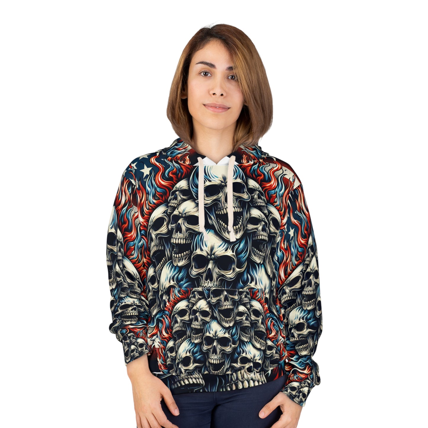 Inferno Patriotism: Skull Blaze & Stars Redux Hoodie - Patriotic Streetwear Hoodie