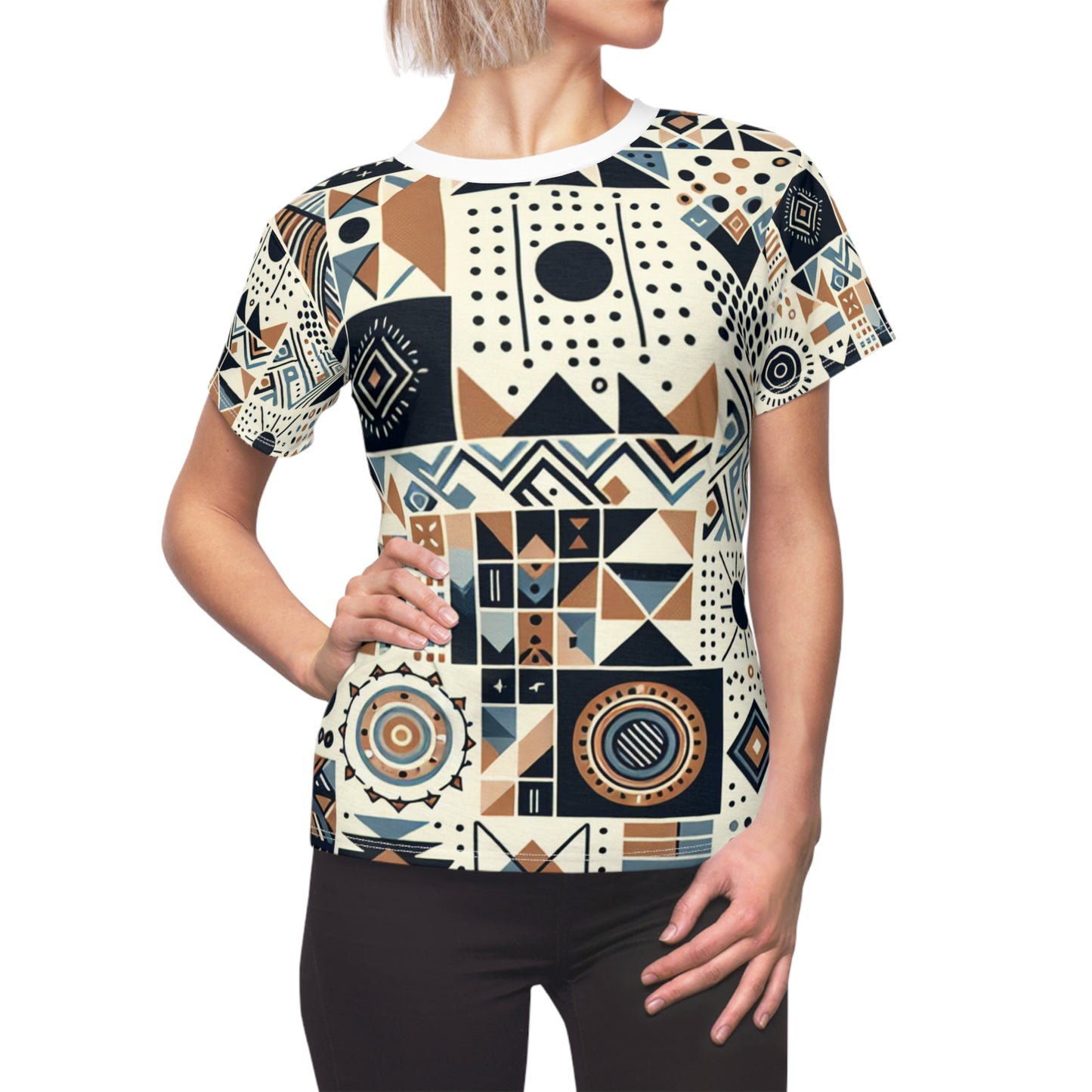 Berber-Inspired Artistry Women's Tee: Earthy-Toned Geometric Storytelling Patterns, Contemporary Cultural Heritage - African Tribal Pattern-Inspired