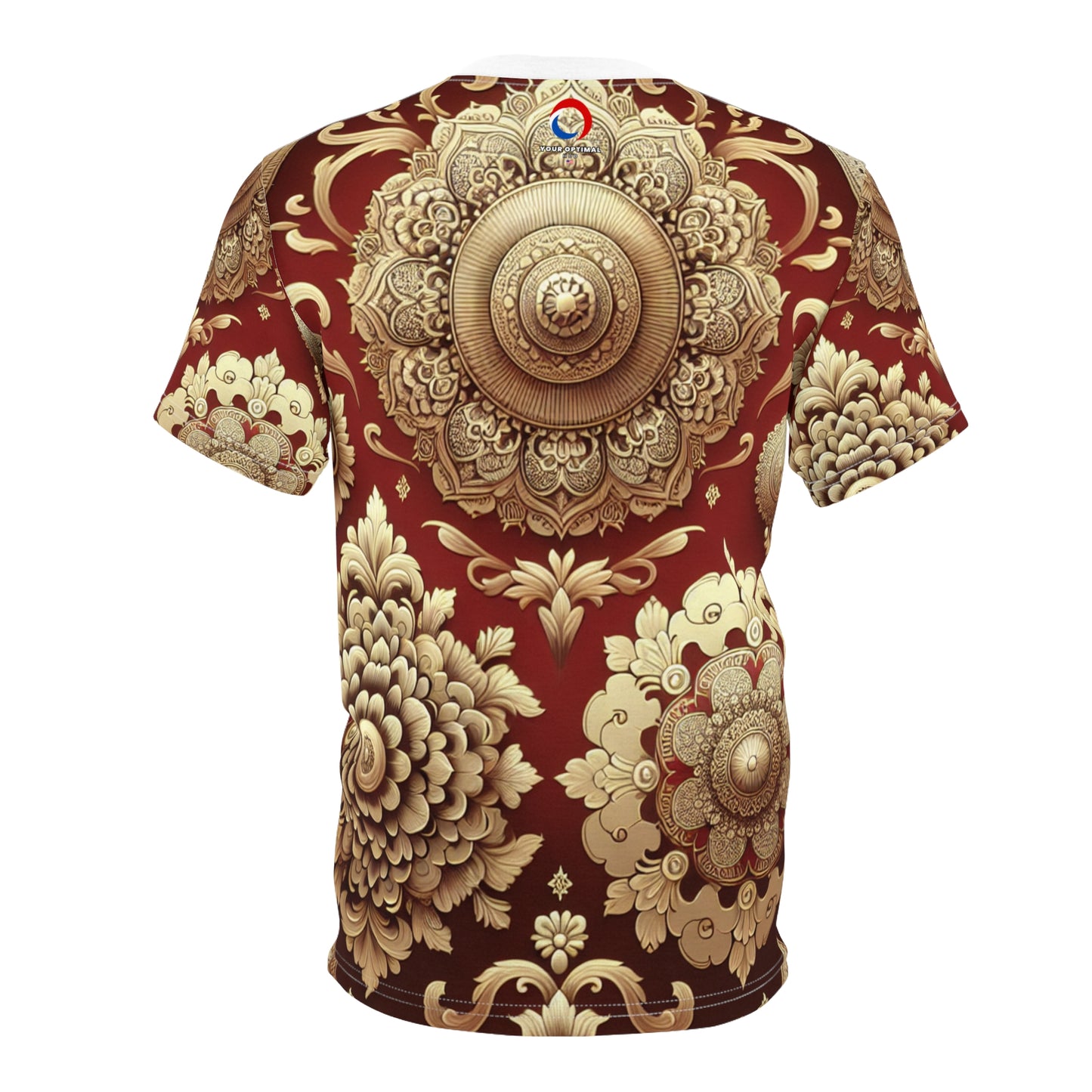 Exquisite Gold on Red Indian Motif Seamless Pattern T-Shirt: Intricately Designed Traditional Elements, Balanced Geometric and Floral Arrangement Tee