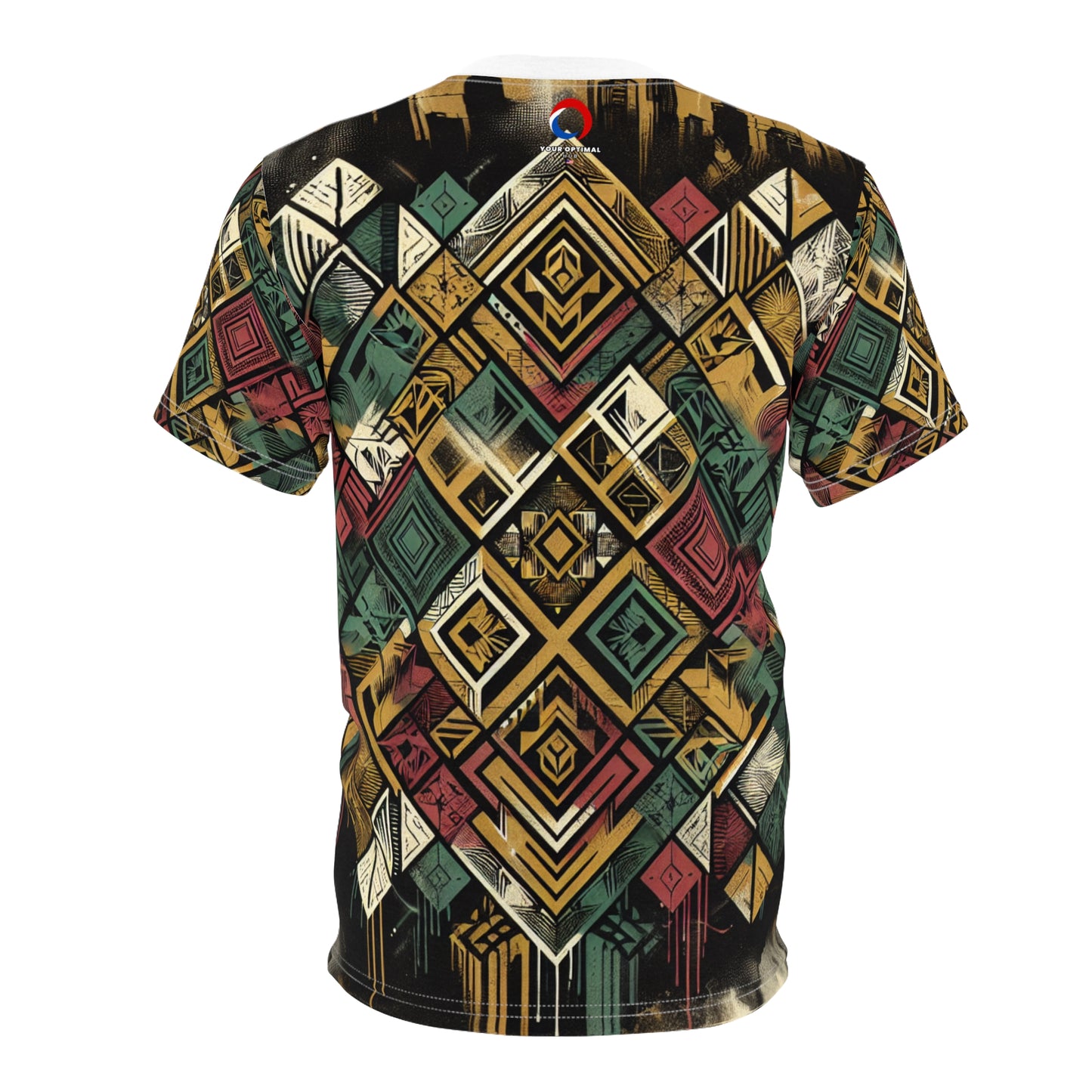 Urban Graffiti Meets African Artistry: Distressed Diamond-Grid & Geometric Tags T-Shirt - African Tribal Pattern-Inspired Tee