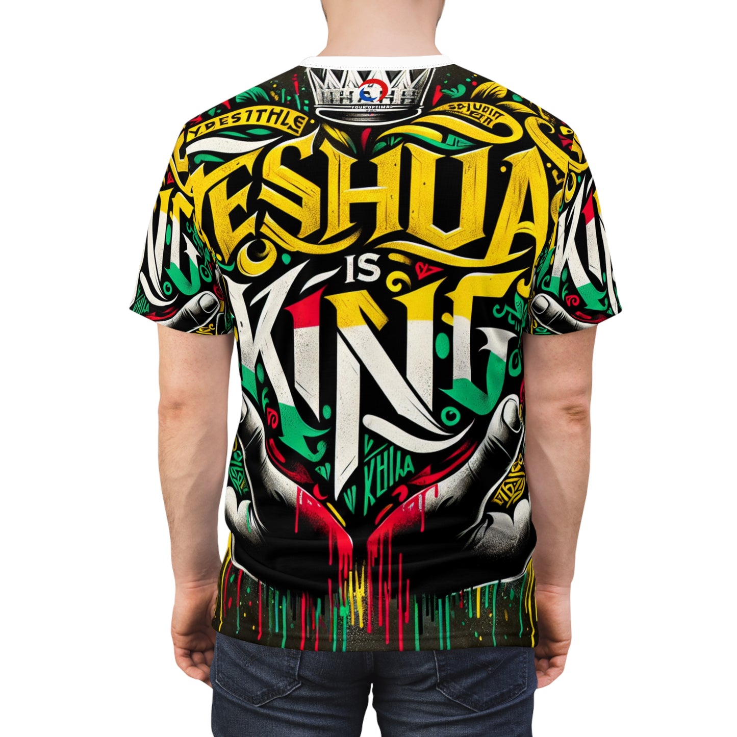 Yeshua is King Graffiti-Style Heart T-Shirt - Rasta Palette Bold Distressed Text, Expressive Faith-Inspired Art - Rastafarian Art-Inspired Tee