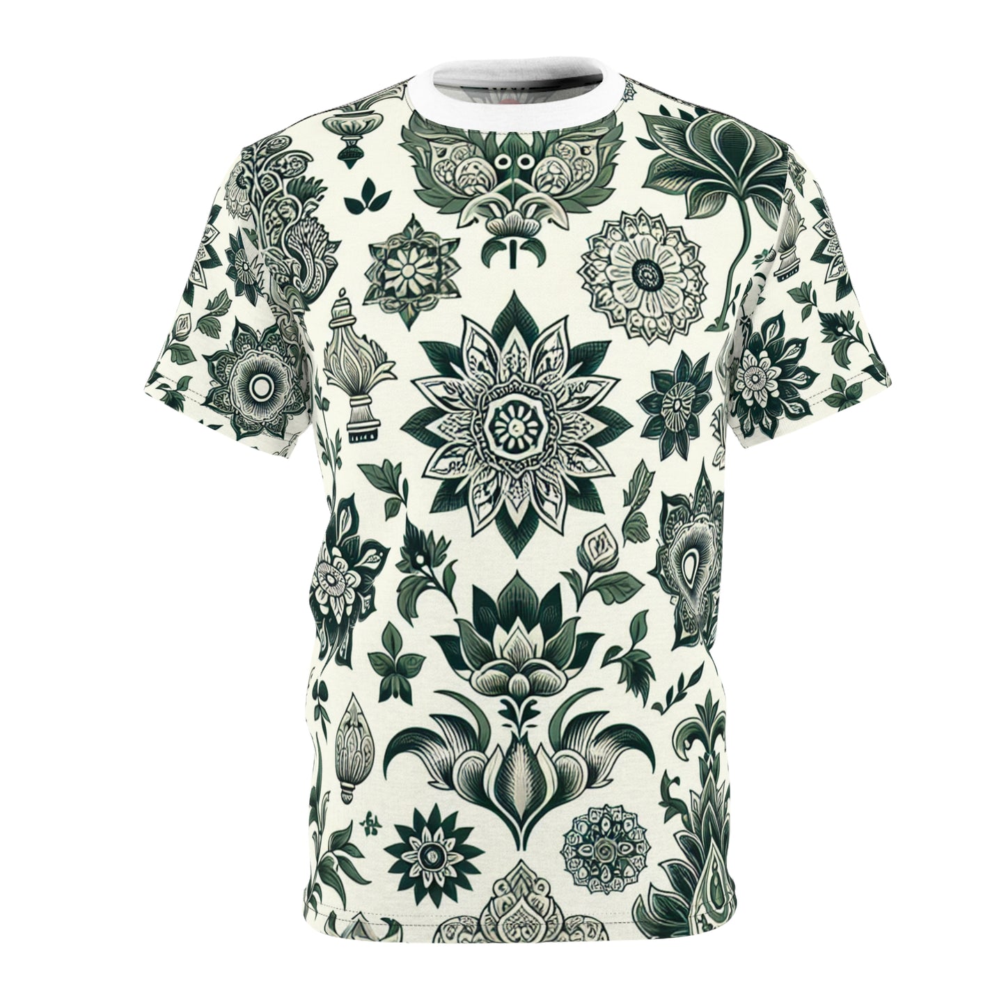 Traditionally Inspired Indian Motif Seamless Patterned T-shirt in White & Green - Intricately Designed Geometric & Floral Arrangement Tee