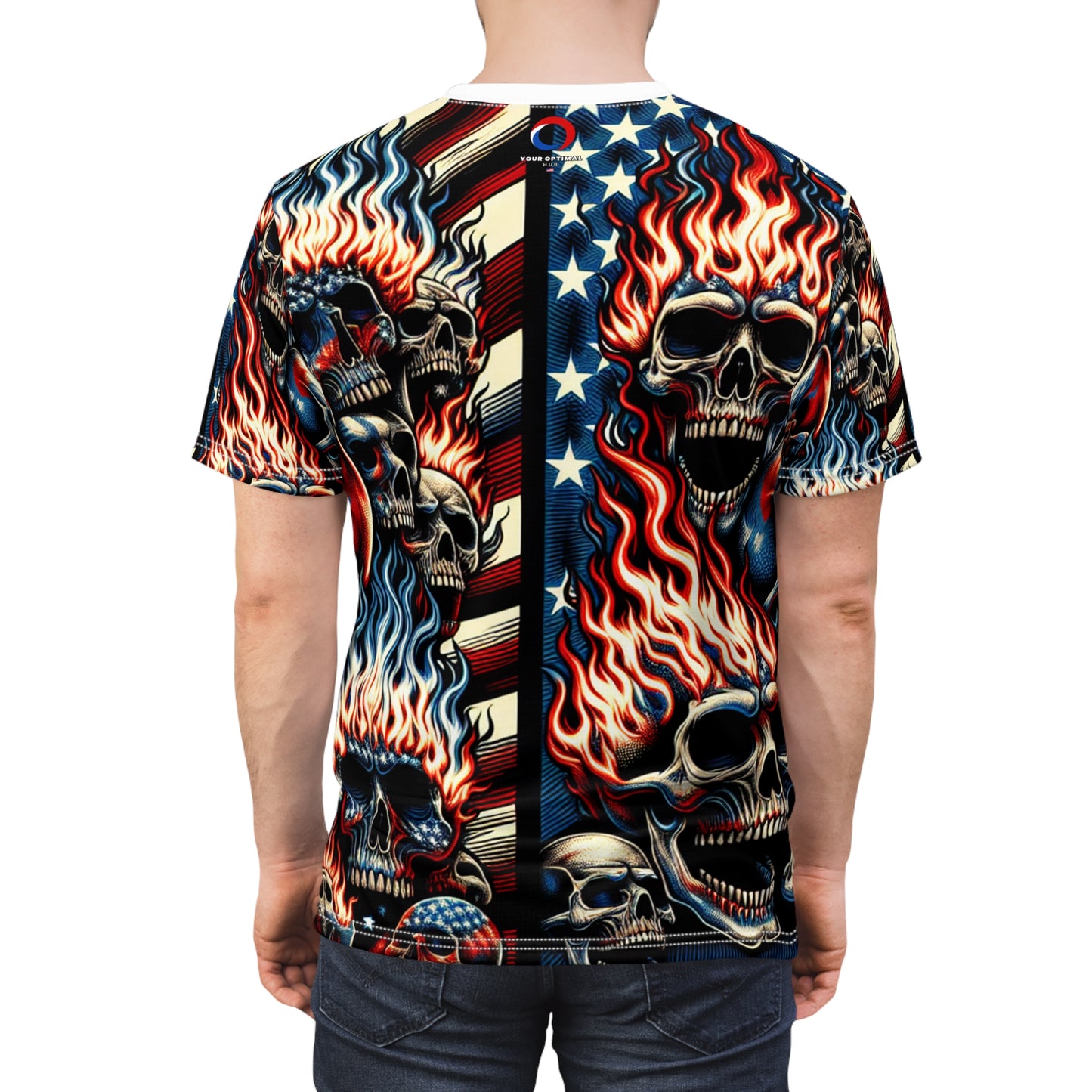 Fiery Patriotic Skulls: Intense & Menacing Tattoo-Style T-Shirt - Patriotic Streetwear Tee