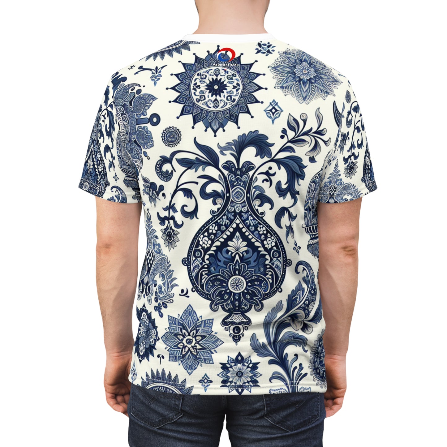 Classic Indian Motif Seamless Pattern T-shirt - Intricately Designed Floral Geometry in Blue & White Aesthetic - Rich Heritage of Indian Motifs Tee