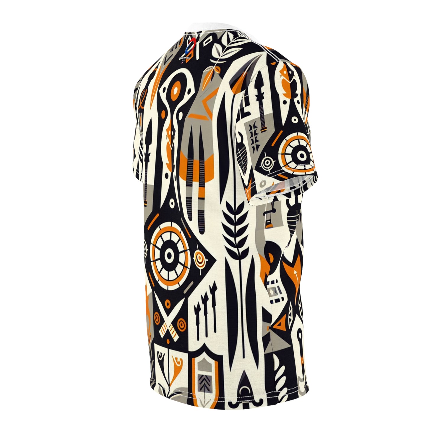 African Fusion Graphic Tee: Monochrome, Orange Highlights, Spearhead & Shield Design - African Tribal Pattern-Inspired