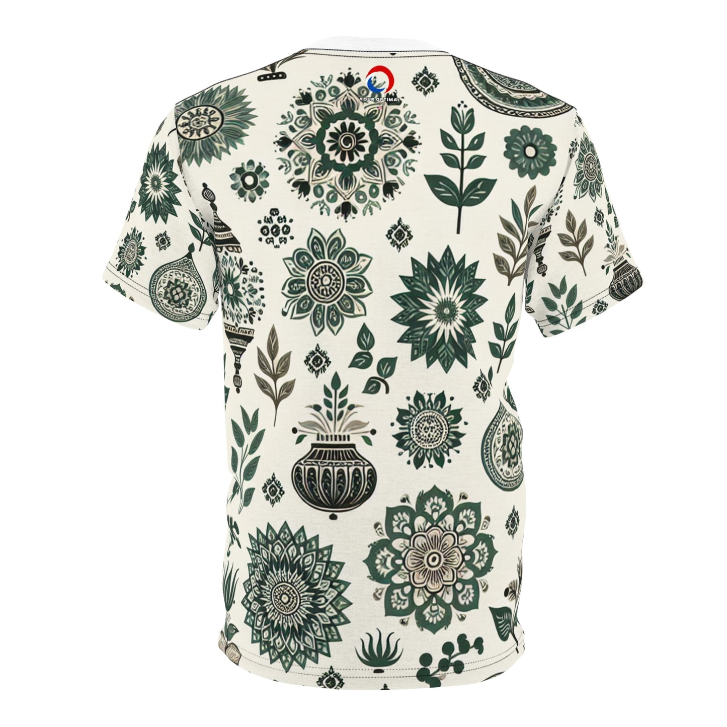 Classic Indian Heritage Motif Collection - Green & White Seamless Pattern T-Shirt - Traditional Floral & Geometric Shapes on Premium White Background