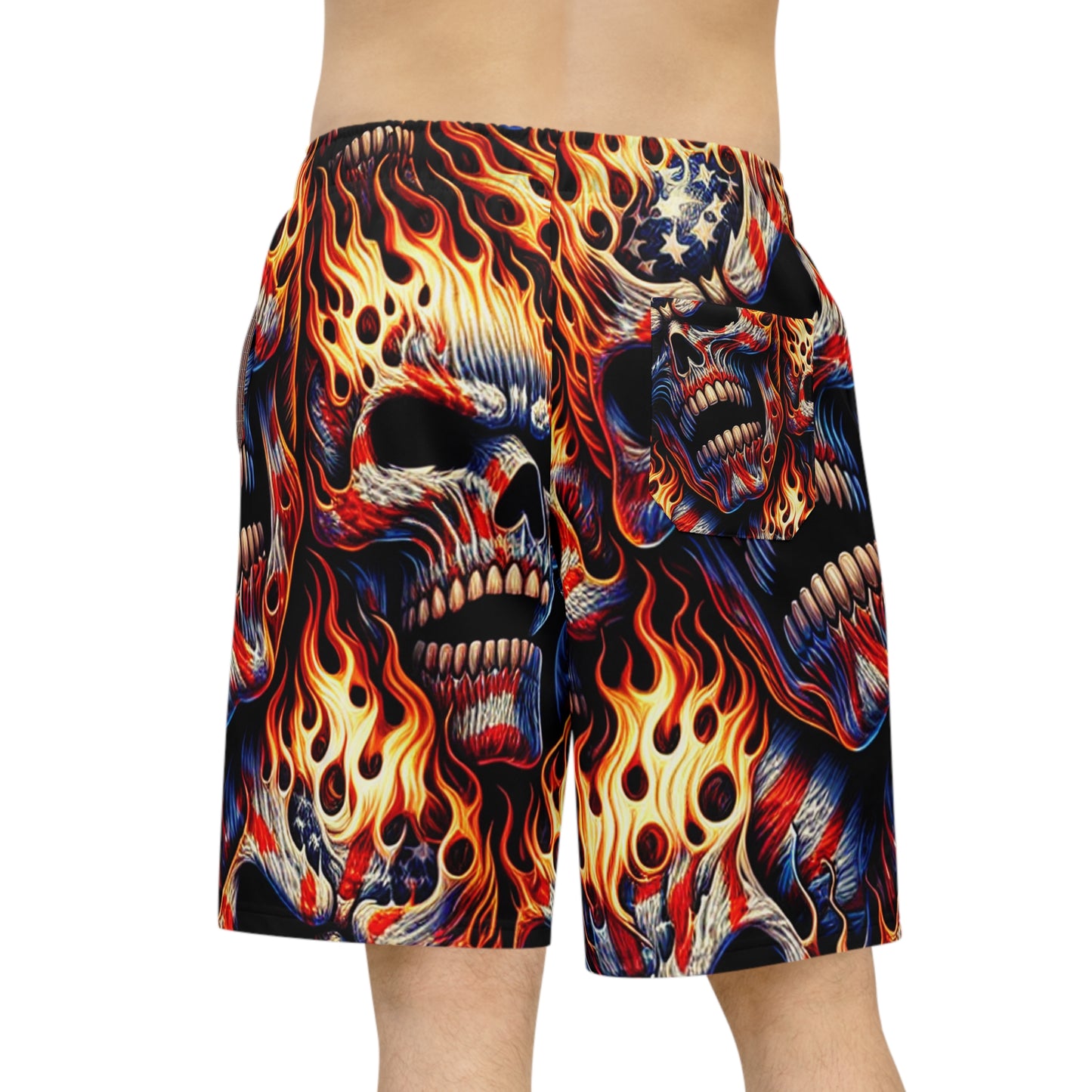 Inferno Embodied: Fiery Skulls & Patriotic Fury Shorts - Patriotic Streetwear