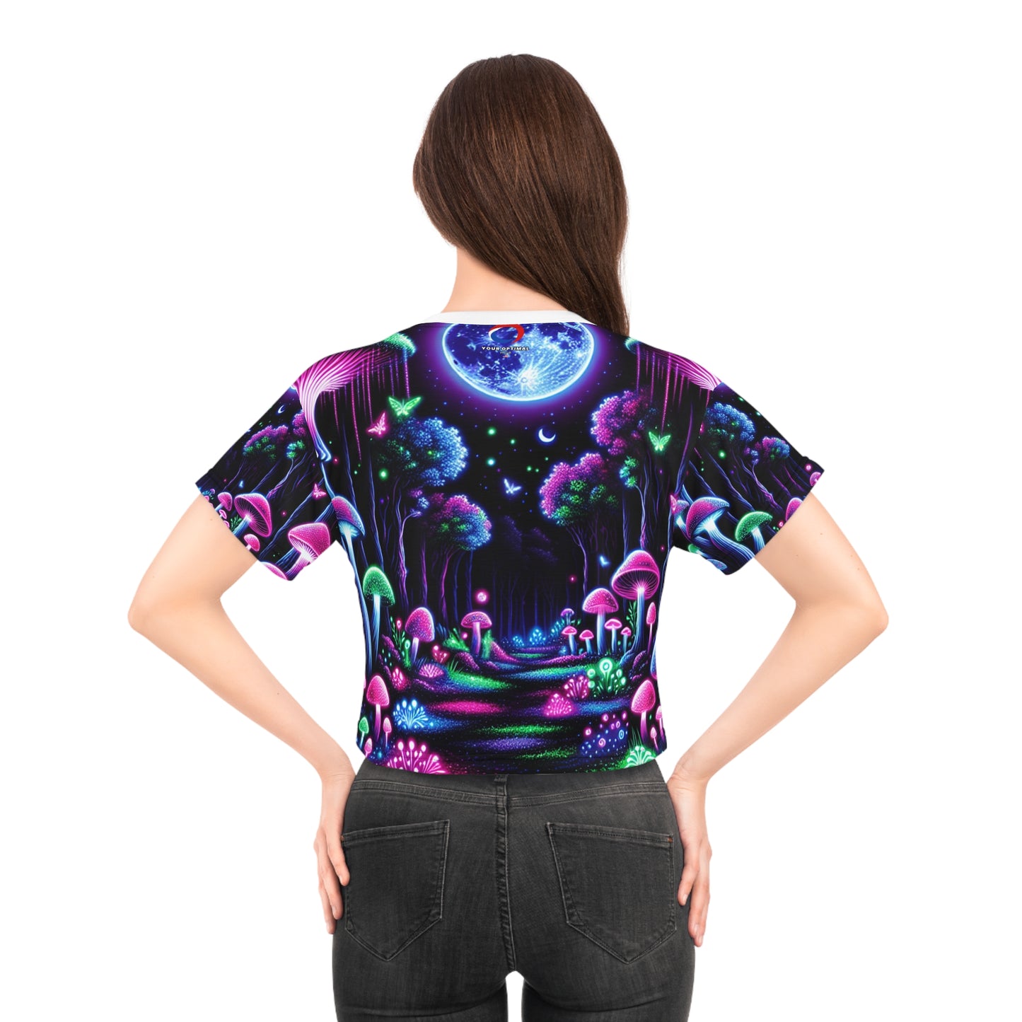 Glowing Moonlit Night Forest Crop Tee - Blacklight-Reactive, Neon Mushroom & Fireflies, Mystical Fashion - Women's Blacklight Tee