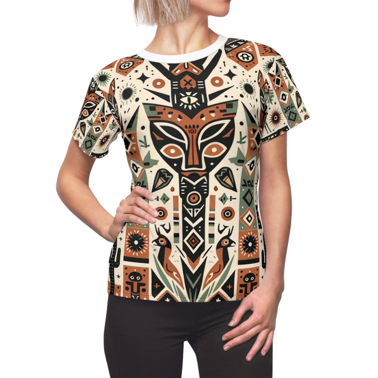 Women's Tribal Art T-Shirt: African-American Fusion, Symmetrical Nature Totem, Geometric Fauna & Flora, Earthy-tone Palette - African Tribal Pattern-Inspired