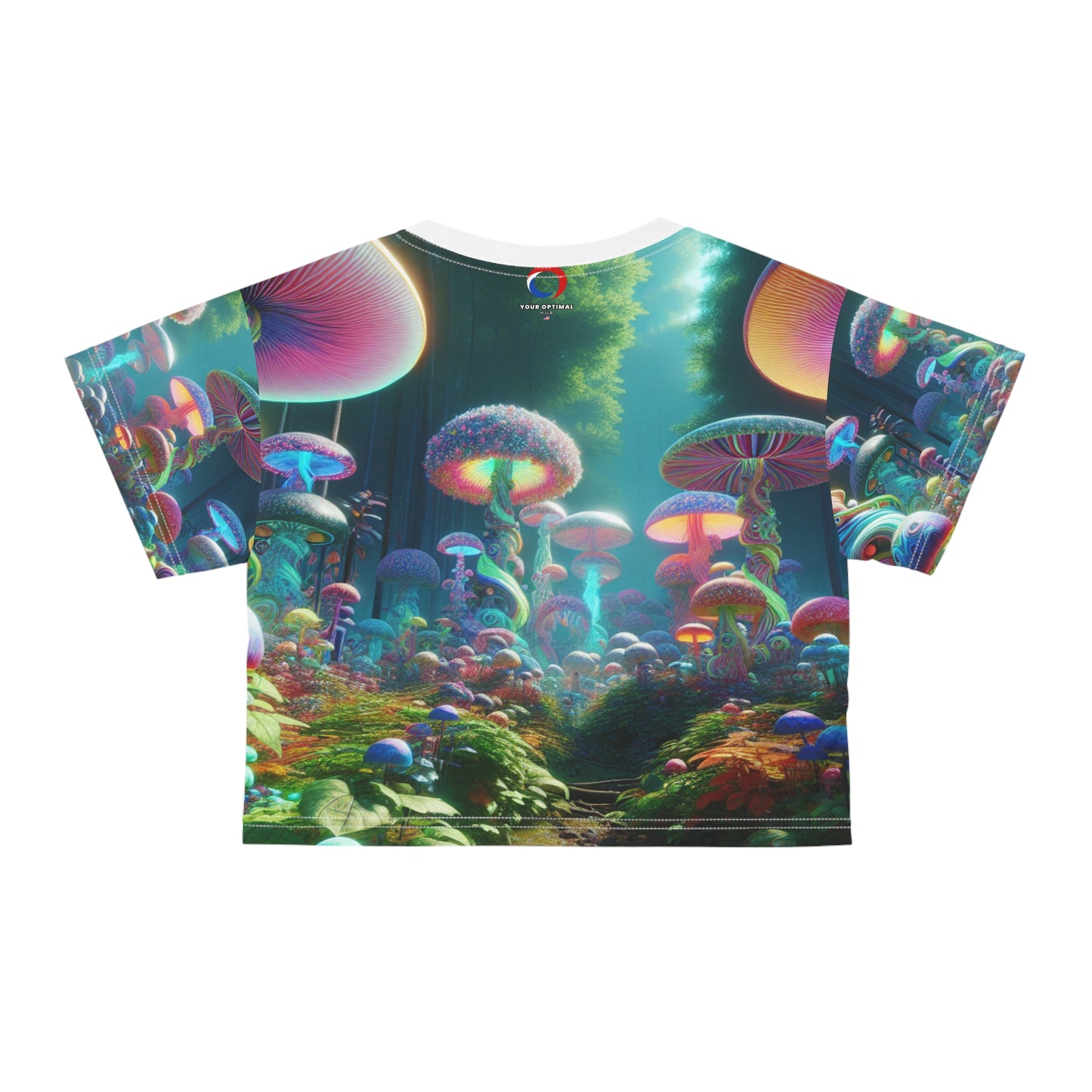 Enchanted Psychedelic Forest 3D Print Women's Crop Tee - Hyper-Realistic Neon Mushrooms & Vivid Flora - Women's Trippy Tee