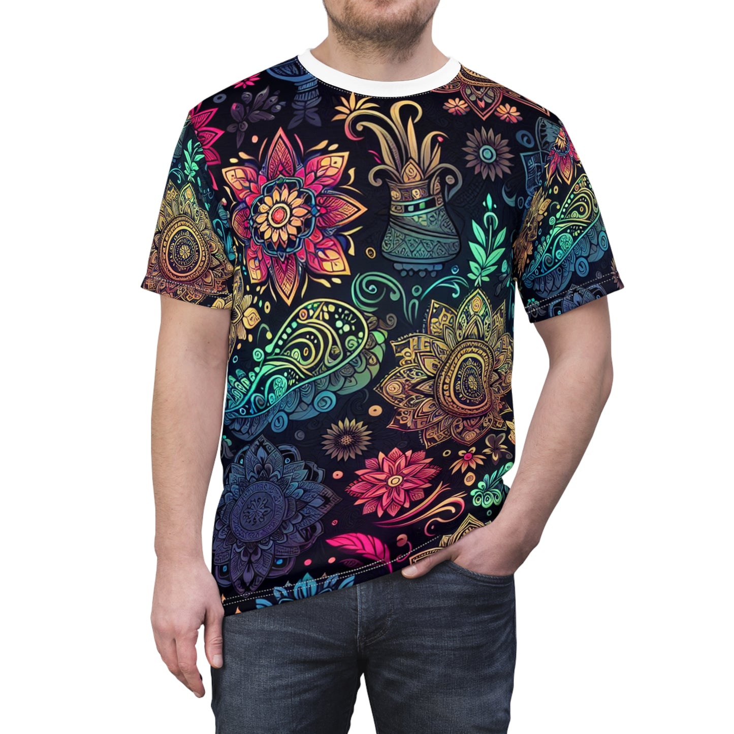 UV Reactive Indian Motif T-Shirt – Neon Bioluminescent Floral & Geometric Pattern on Black – Traditional Desi Style Glow Tee