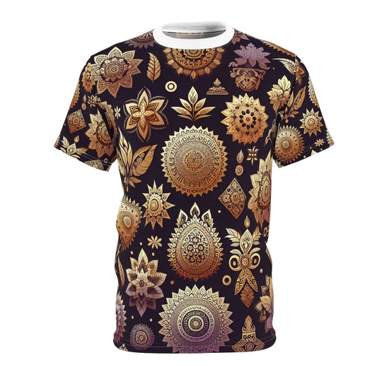 Golden Mirage: Traditional Indian Motif T-shirt in Intricately Designed Floral & Geometric Shapes on Vibrant Purple, Embodying Rich Indian Heritage