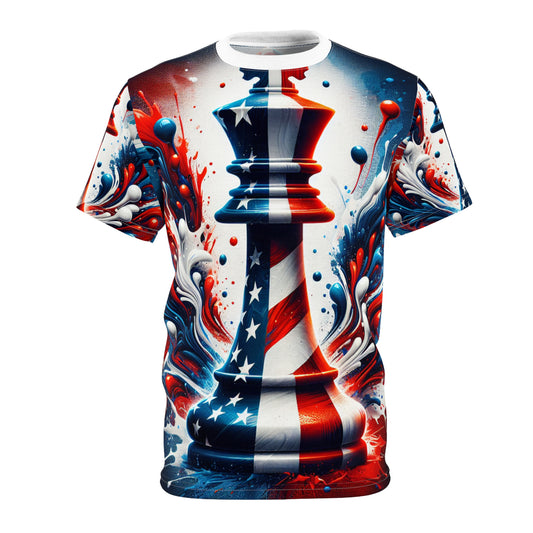 Strategic American Pride: Artistically Rendered Chess King Piece T-Shirt Embossed with Dynamic USA Flag Design - Patriotic Streetwear Tee