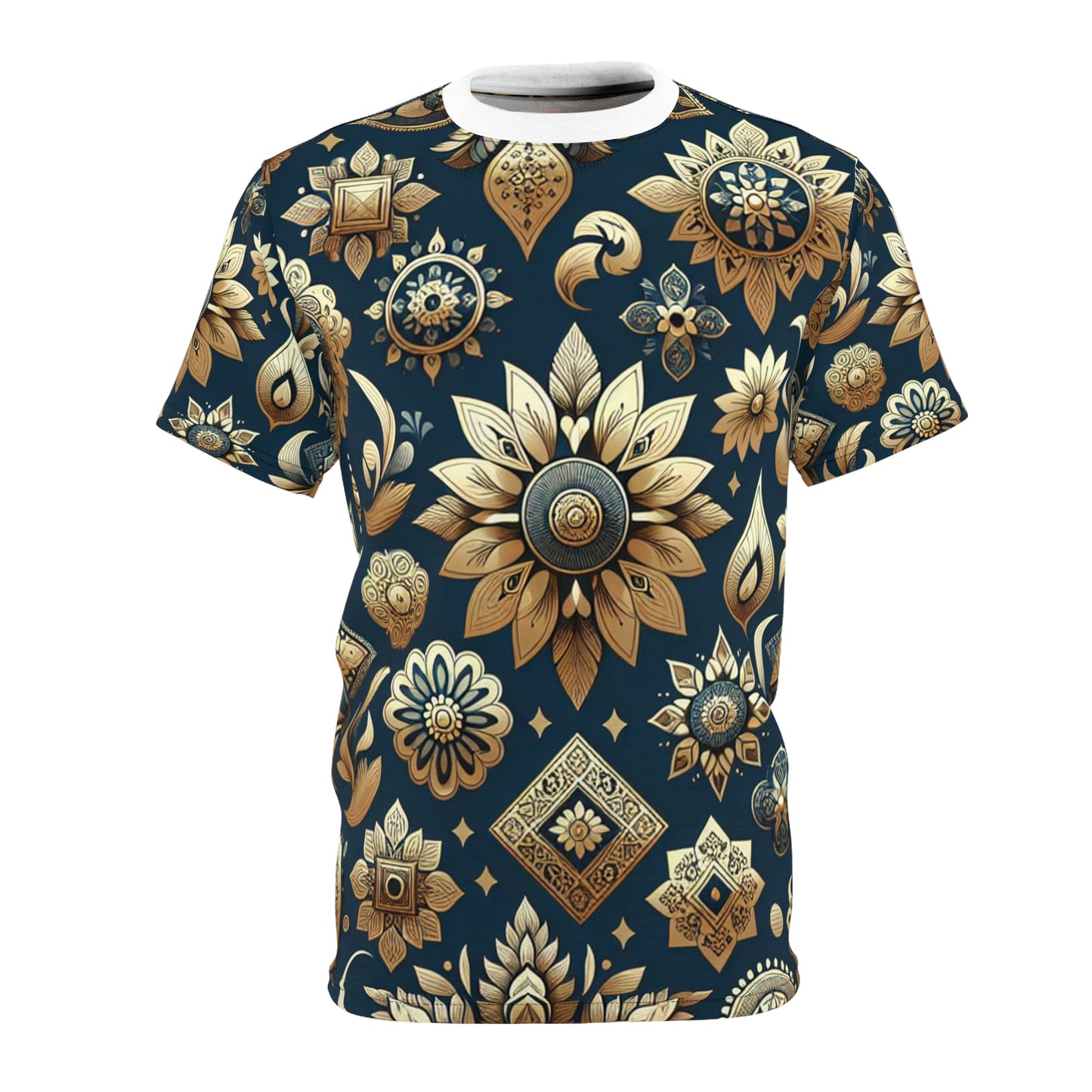 Indian Heritage Gold Motif Seamless Pattern T-Shirt - Shiny Gold Traditional Motifs on Rich Blue Background - Intricate Floral and Geometric Design Tee