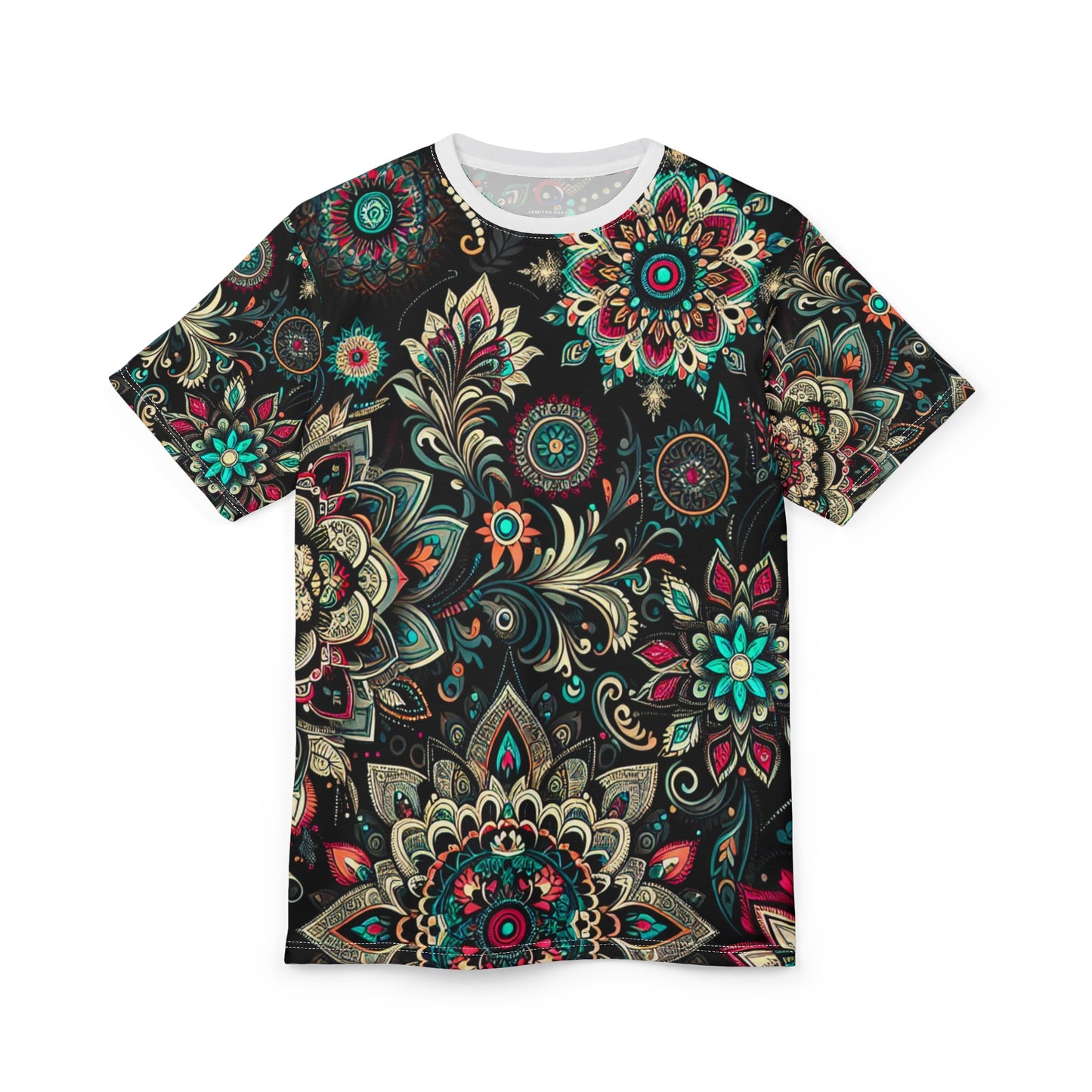 UV Reactive Traditional Indian Motifs T-Shirt - Scattered Radiating Bioluminescent Print on Black Background