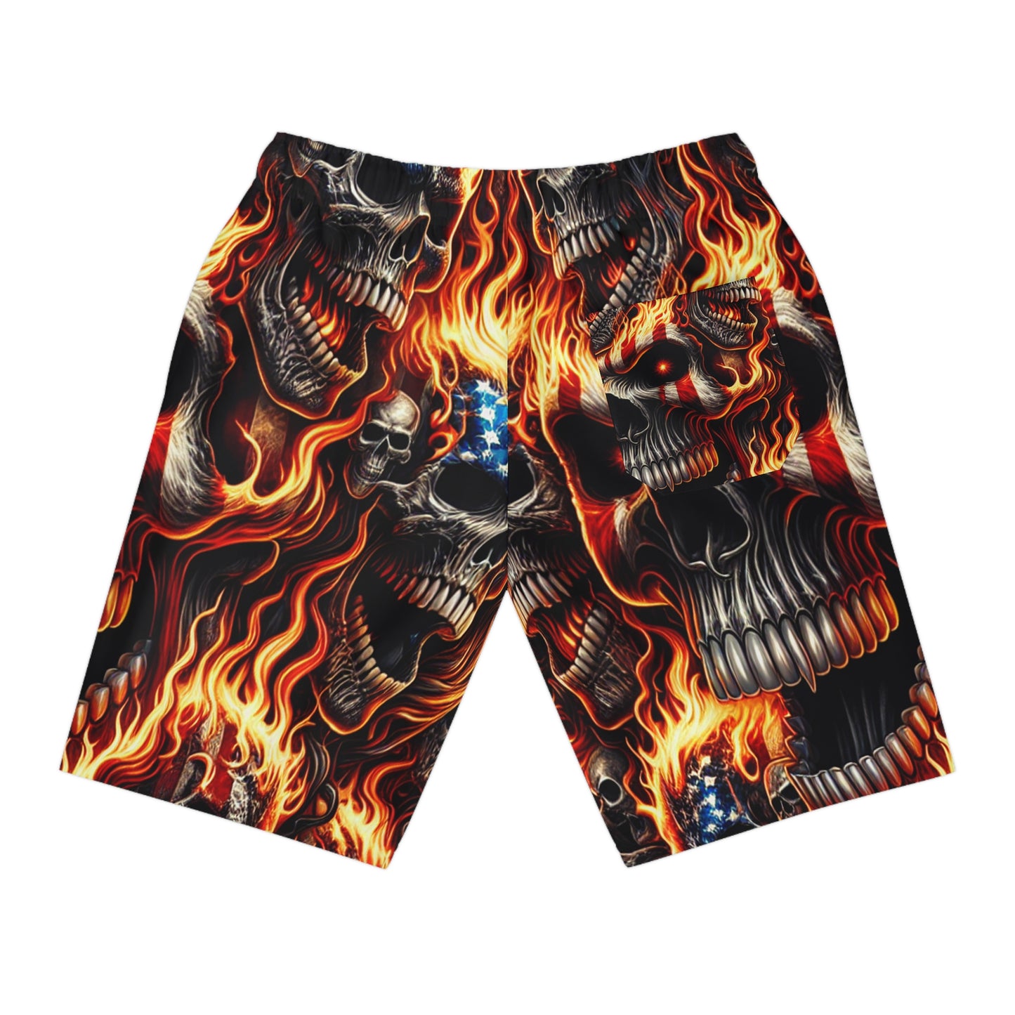 Patriotic Inferno: Skull Blaze Tattoo Artistry Shorts - Patriotic Streetwear Shorts